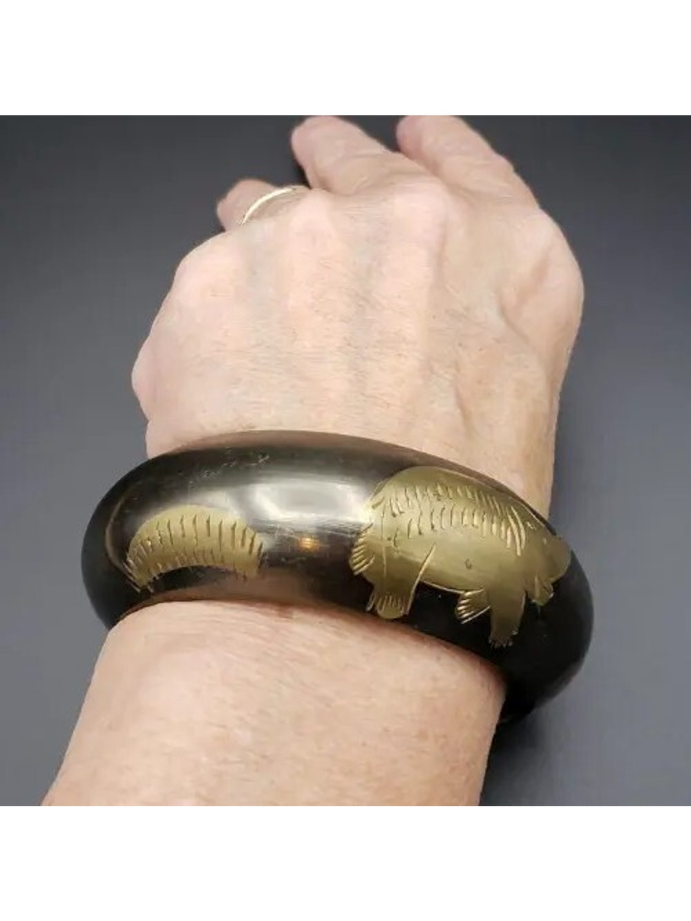 Vintage Elephant Wide Bangle Bracelet- Tribal Brass &‎ Lacquer Statement bn-1